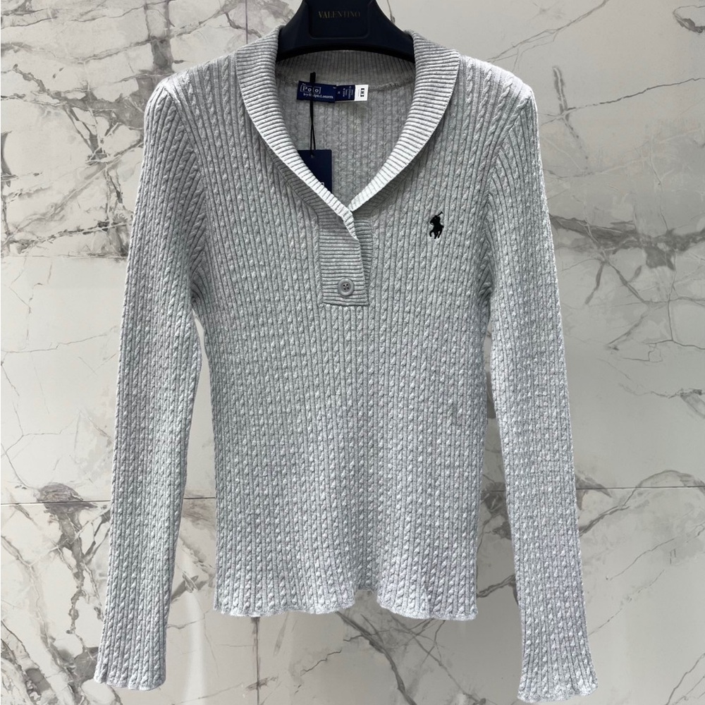 Ralph Lauren Light Gray Cable-Knit Shawl-Collar Sweater